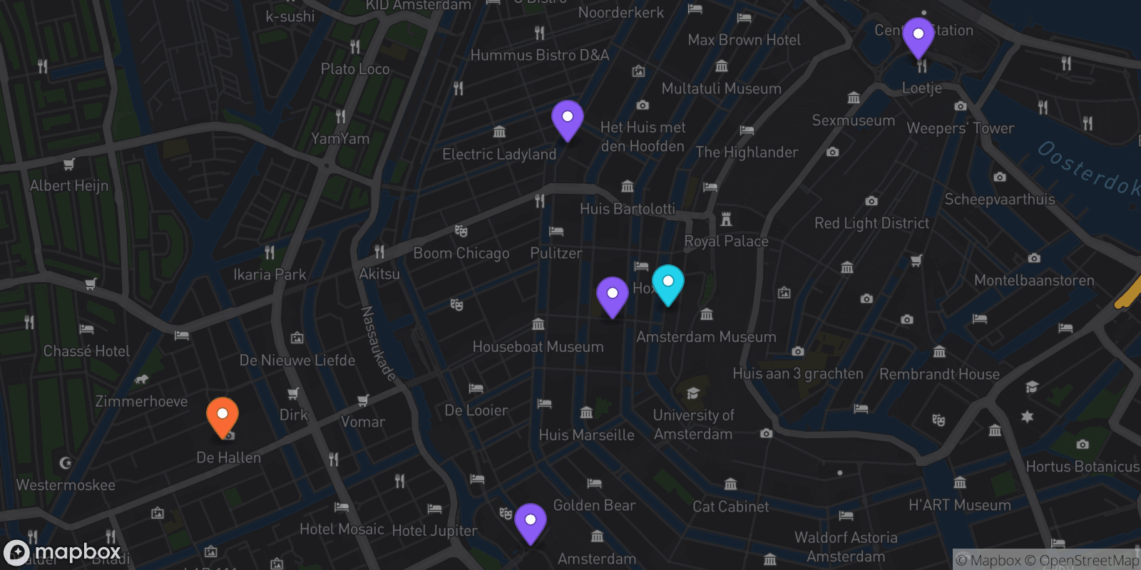 Map showing 6 locations