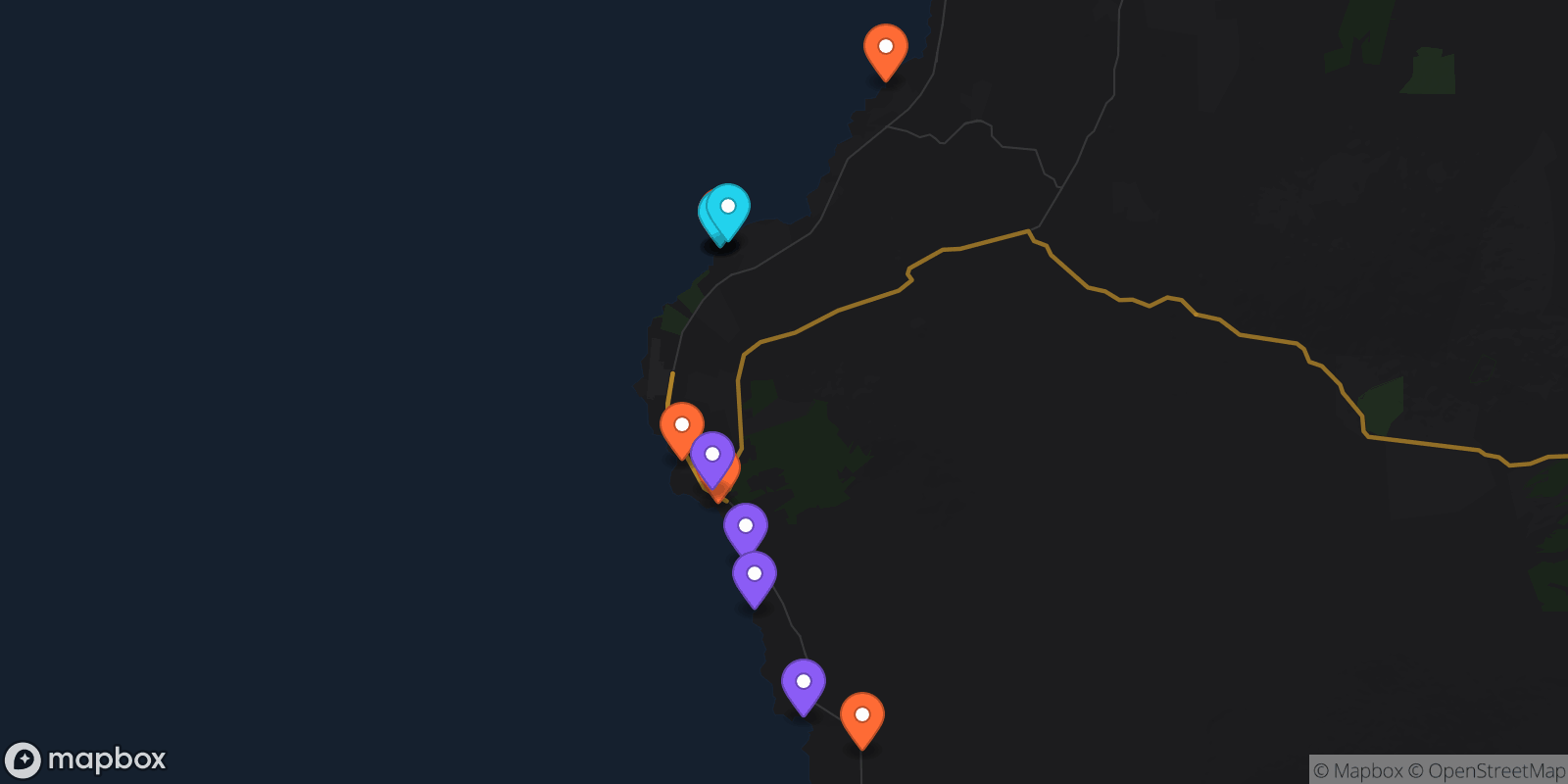 Map showing 13 locations