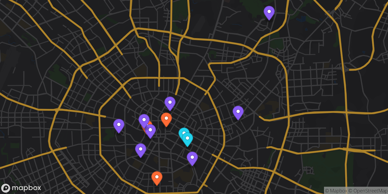 Map showing 13 locations