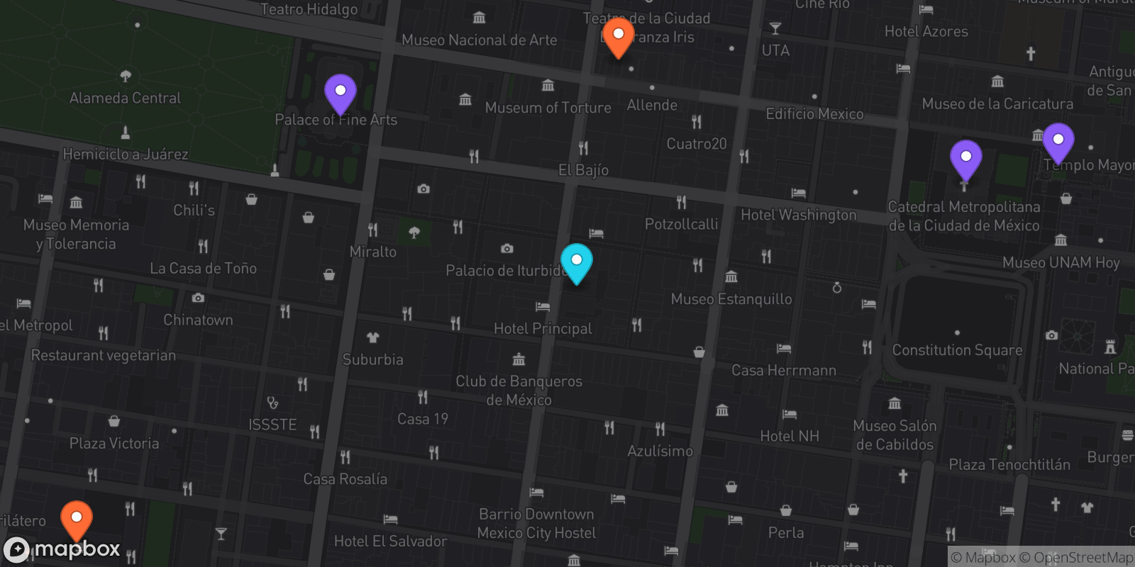 Map showing 6 locations