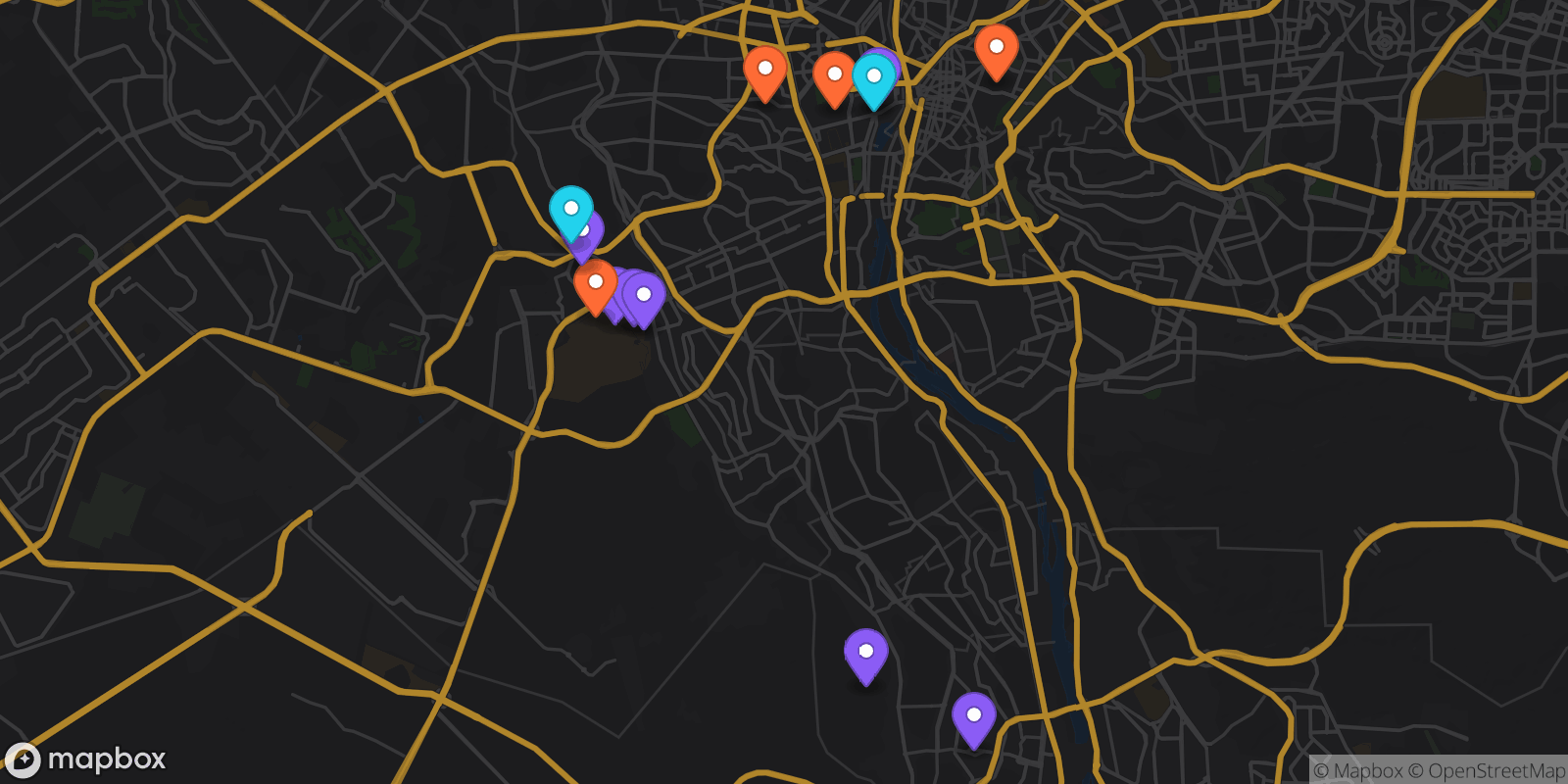 Map showing 13 locations