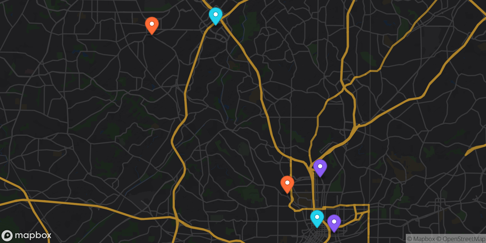 Map showing 6 locations