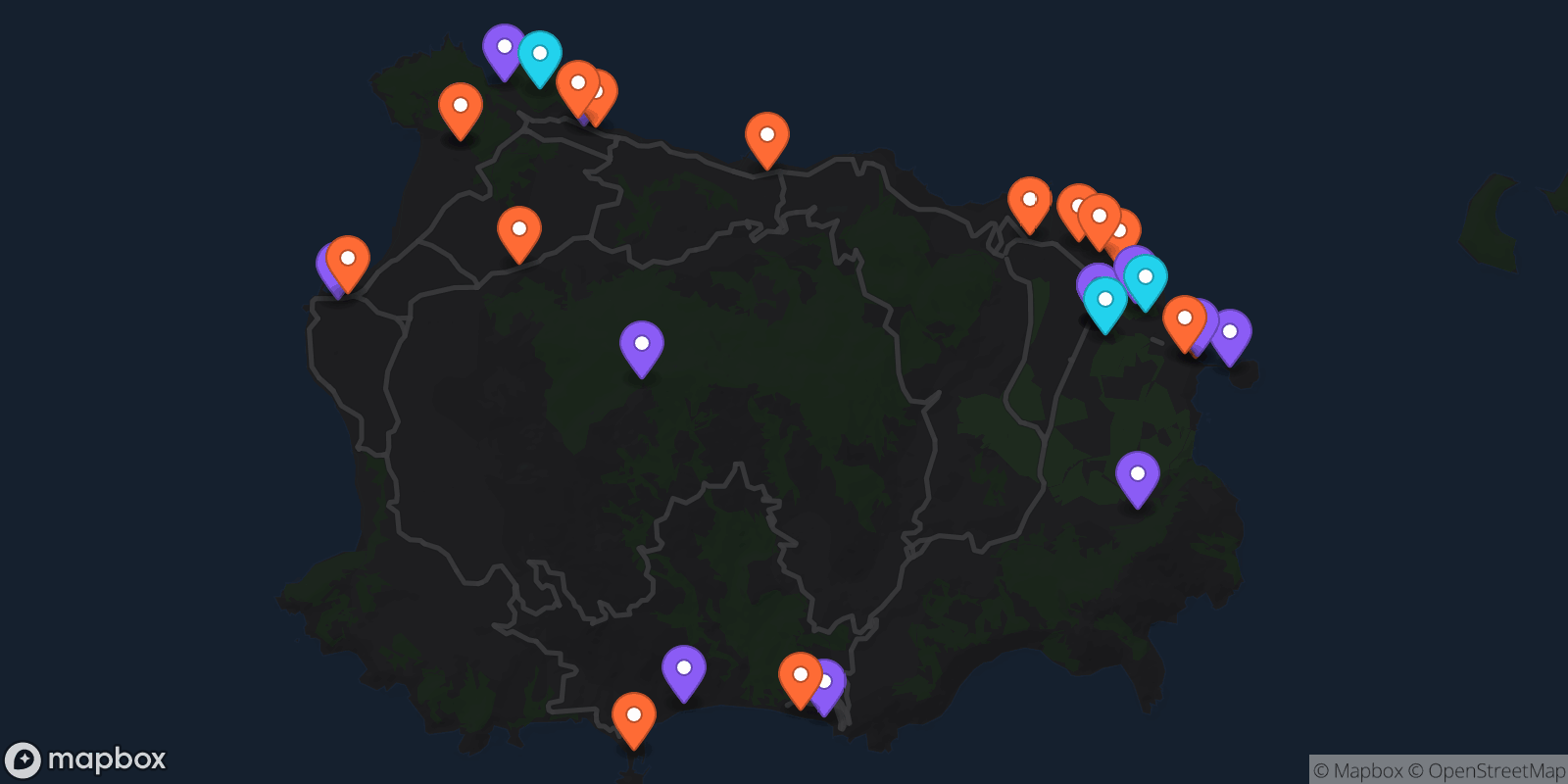 Map showing 32 locations