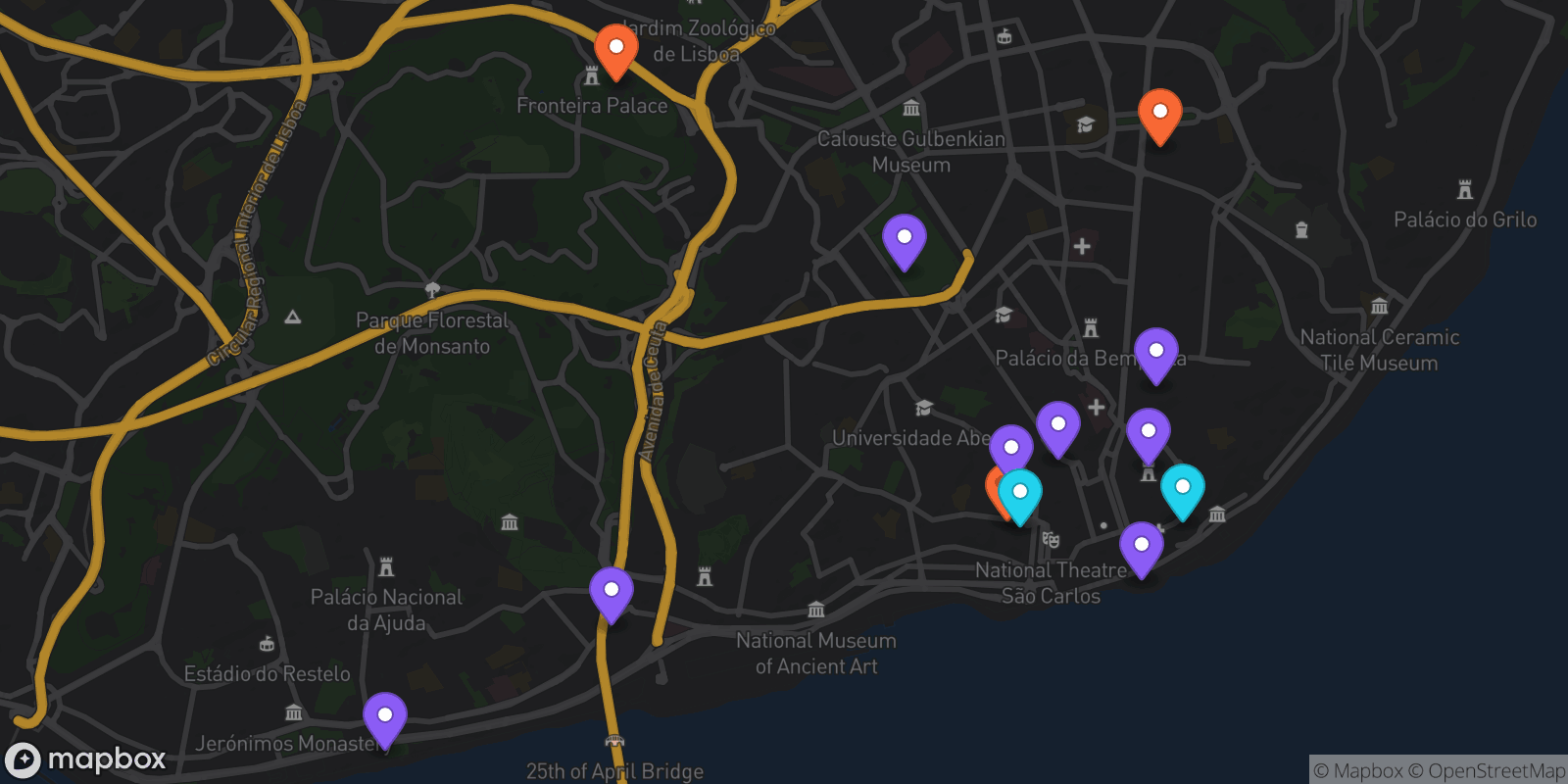 Map showing 13 locations