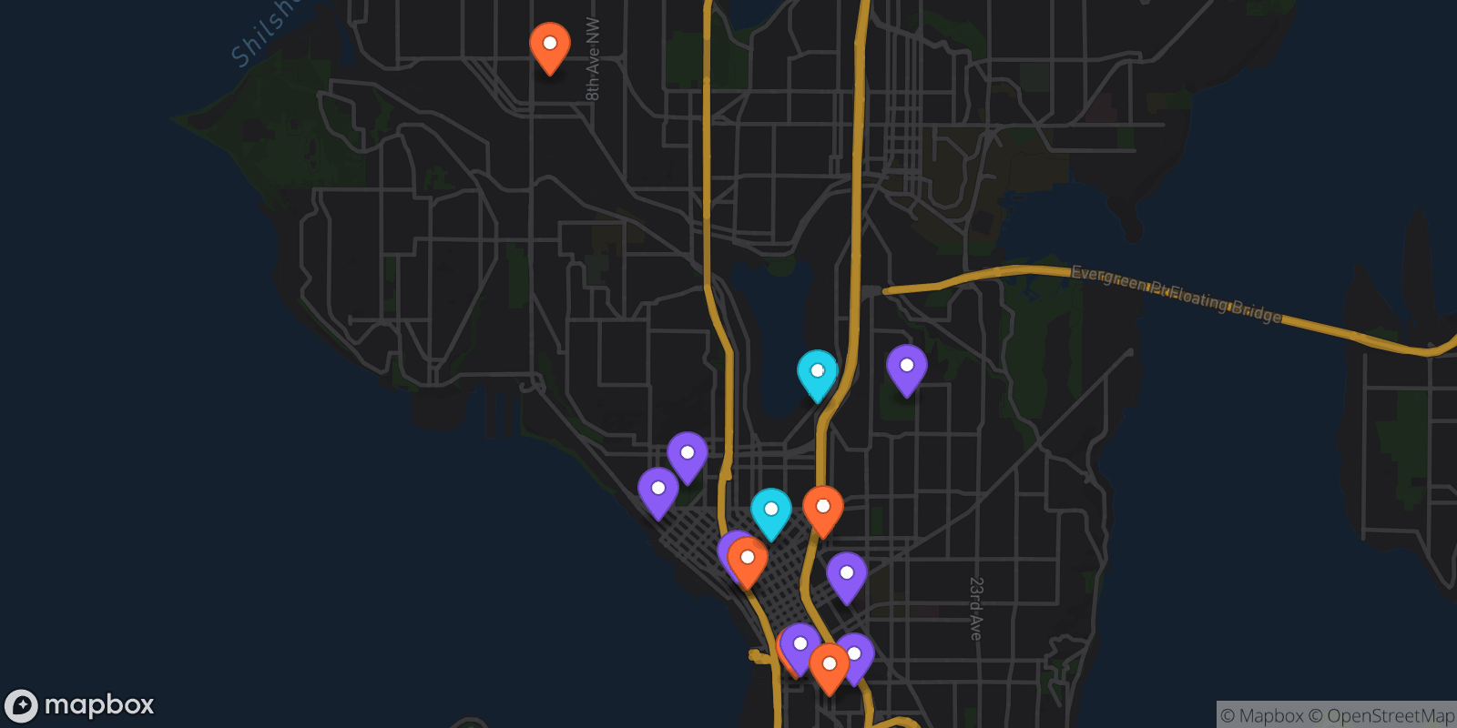 Map showing 15 locations