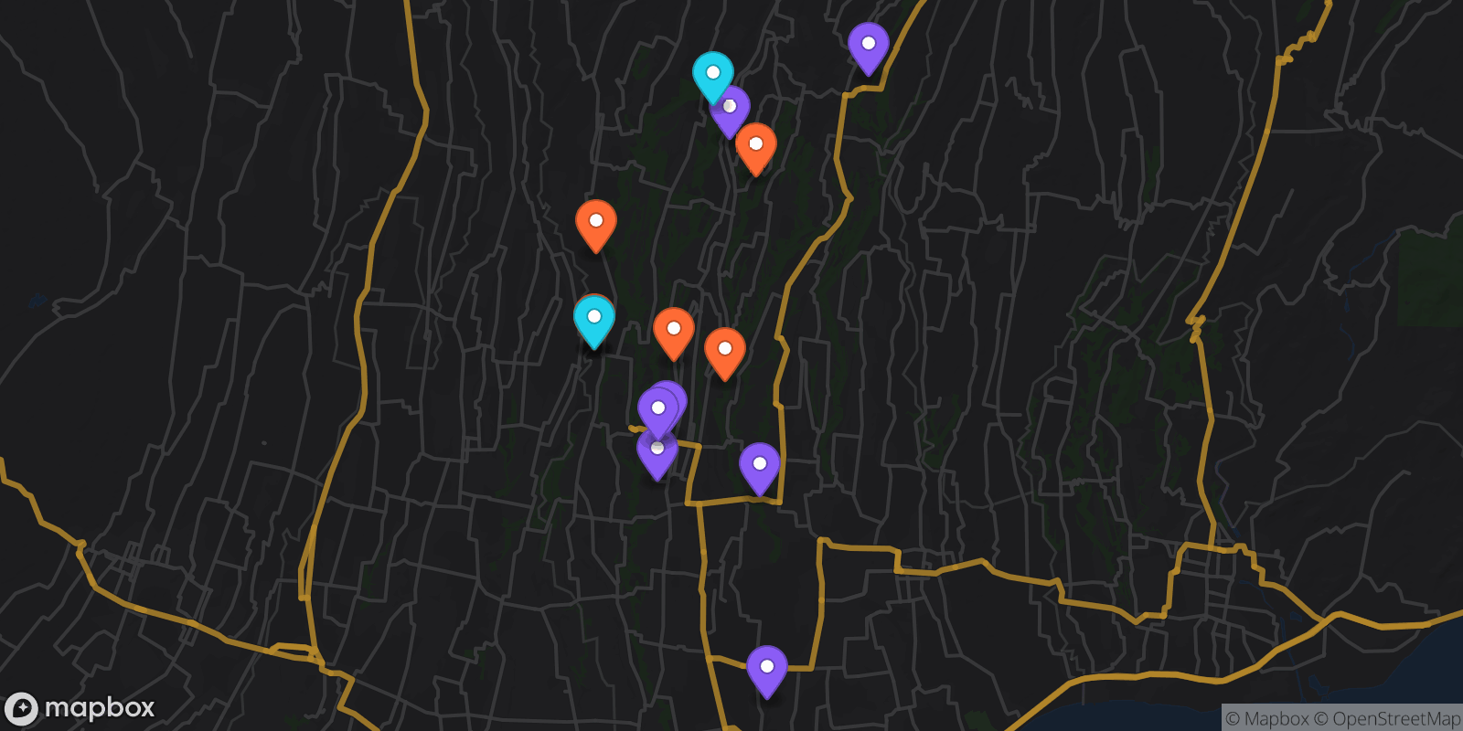 Map showing 15 locations