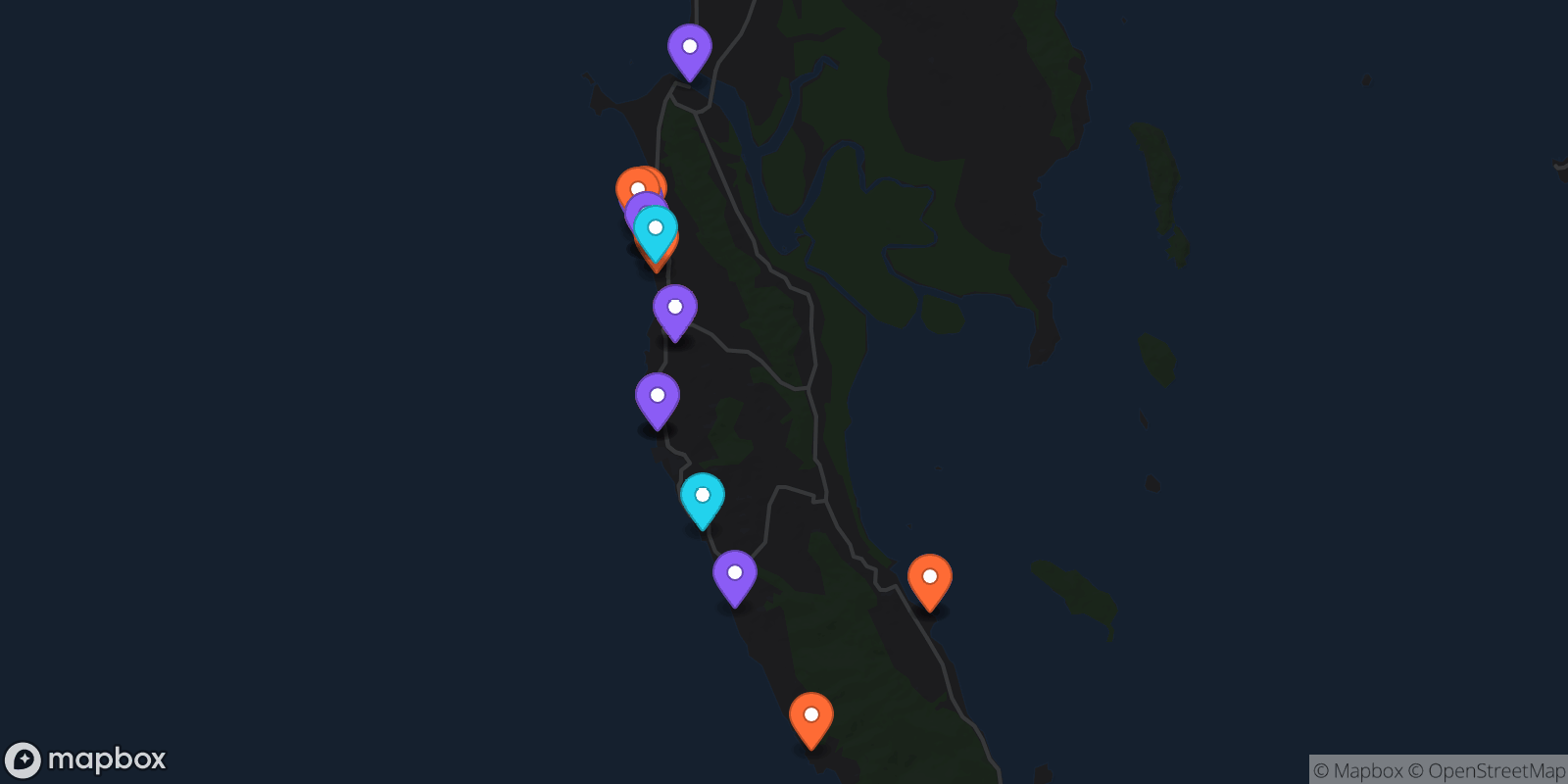 Map showing 21 locations