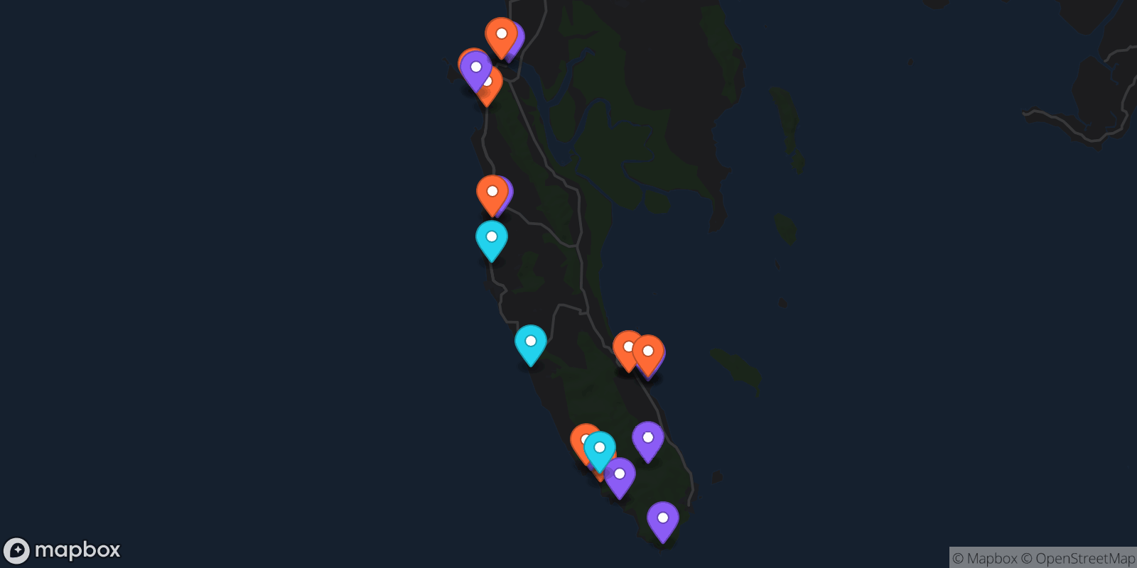 Map showing 23 locations