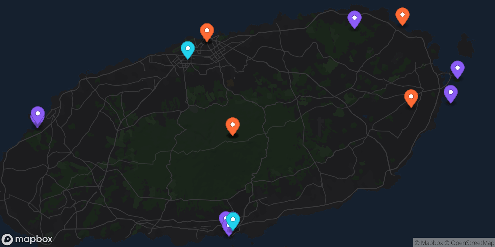 Map showing 18 locations