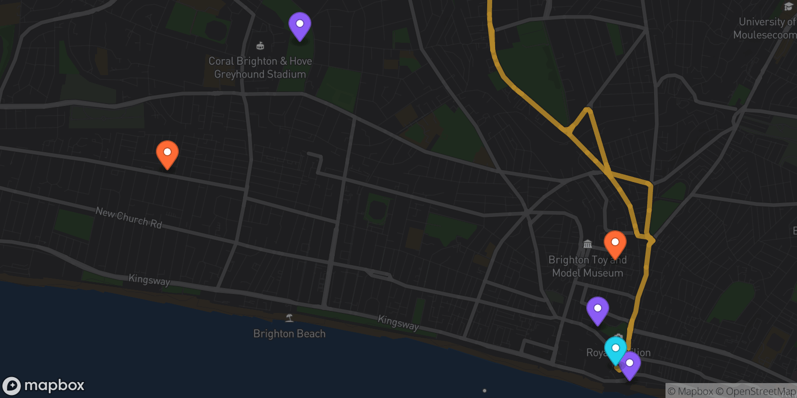 Map showing 6 locations